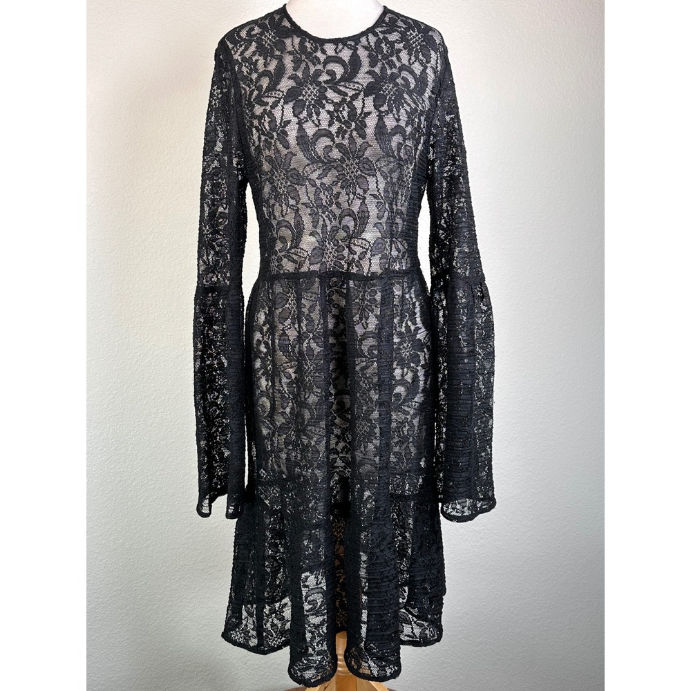 Black Lace Bell Sleeve Mini Dress XS Three Eighty Two Open Back Goth Party‎